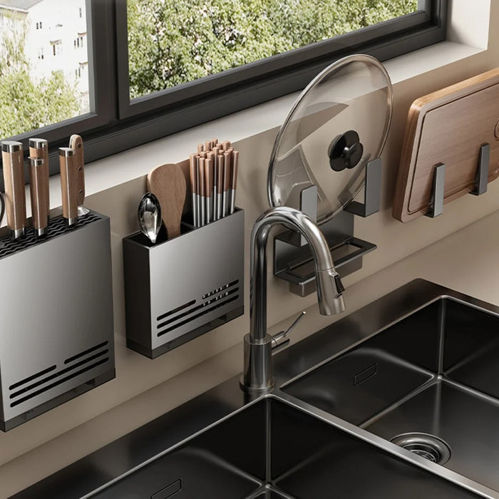 Pot Lid Organizer Wall Mounted No Drilling Kitchen Cutting Board Storage Rack with Drip Tray - Grey - 3