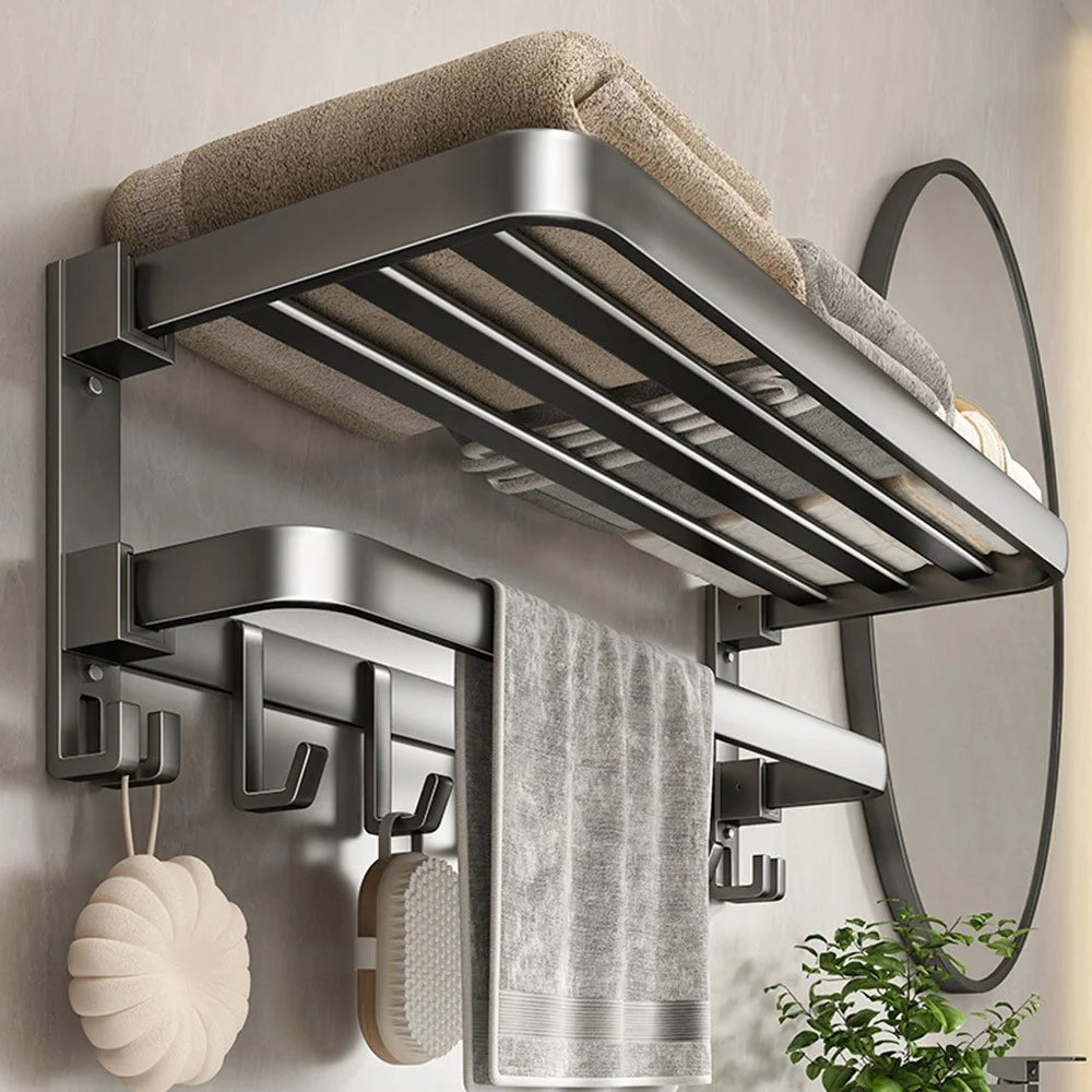 40cm Bathroom Foldable Towel Rack Aluminum Alloy No Drill Bath Towel Storage Shelf with Hooks - 1
