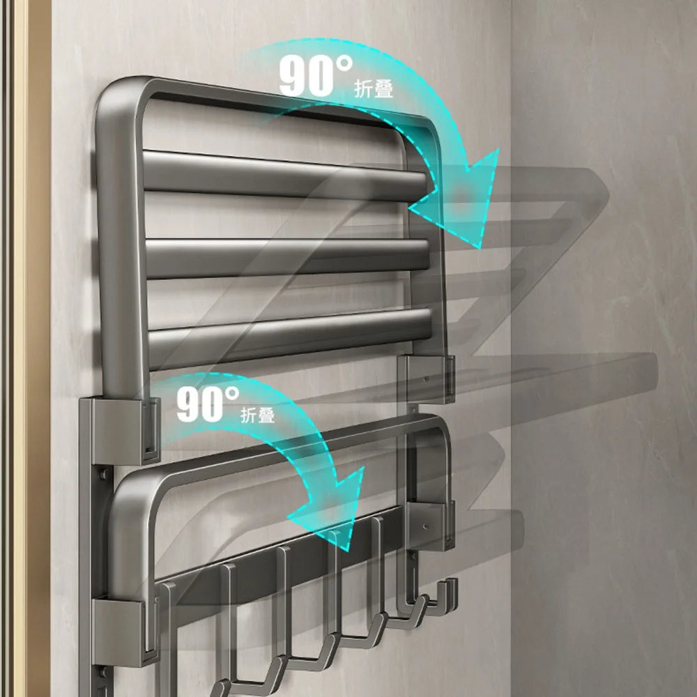 40cm Bathroom Foldable Towel Rack Aluminum Alloy No Drill Bath Towel Storage Shelf with Hooks - 2