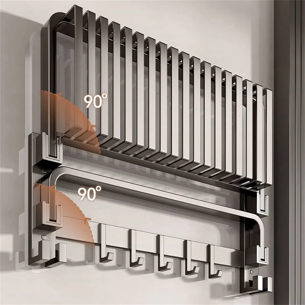 60cm Aluminum Alloy Towel Rack Foldable No Drilling Wall Mounted Bathroom Shelf with Hooks - 2