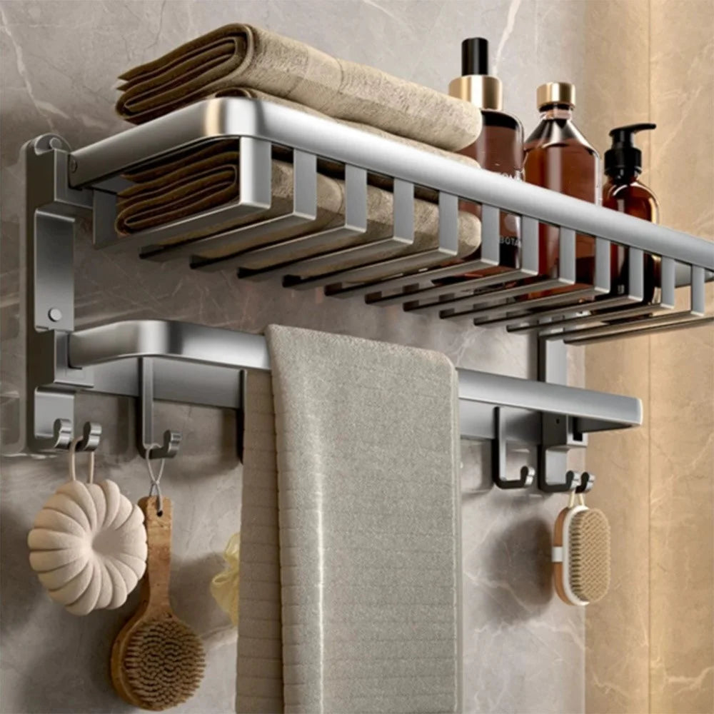 50cm Aluminum Alloy Towel Rack Foldable No Drilling Wall Mounted Bathroom Shelf with Hooks - 1