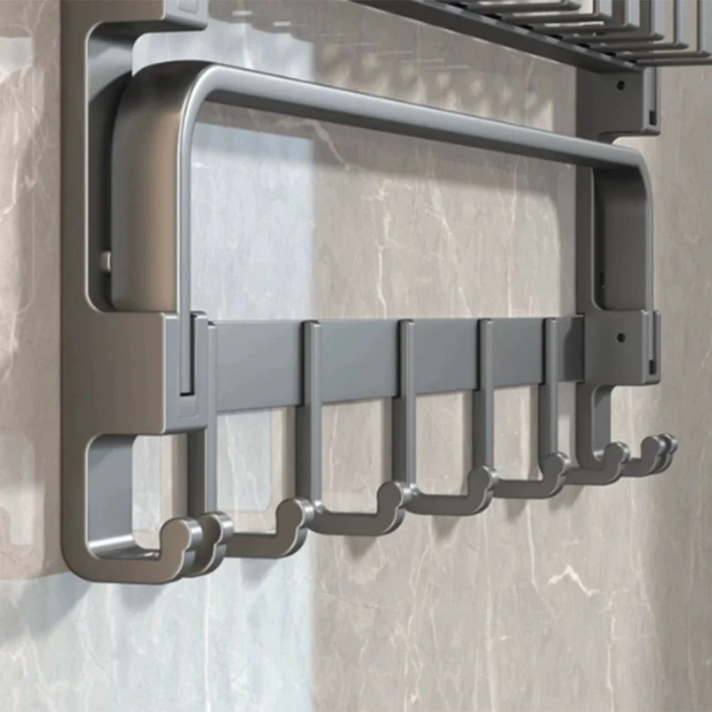 50cm Aluminum Alloy Towel Rack Foldable No Drilling Wall Mounted Bathroom Shelf with Hooks - 5