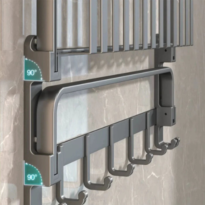 40cm Aluminum Alloy Towel Rack Foldable No Drilling Wall Mounted Bathroom Shelf with Hooks - 3