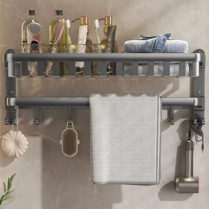 40cm Aluminum Alloy Towel Rack Foldable No Drilling Wall Mounted Bathroom Shelf with Hooks - 6