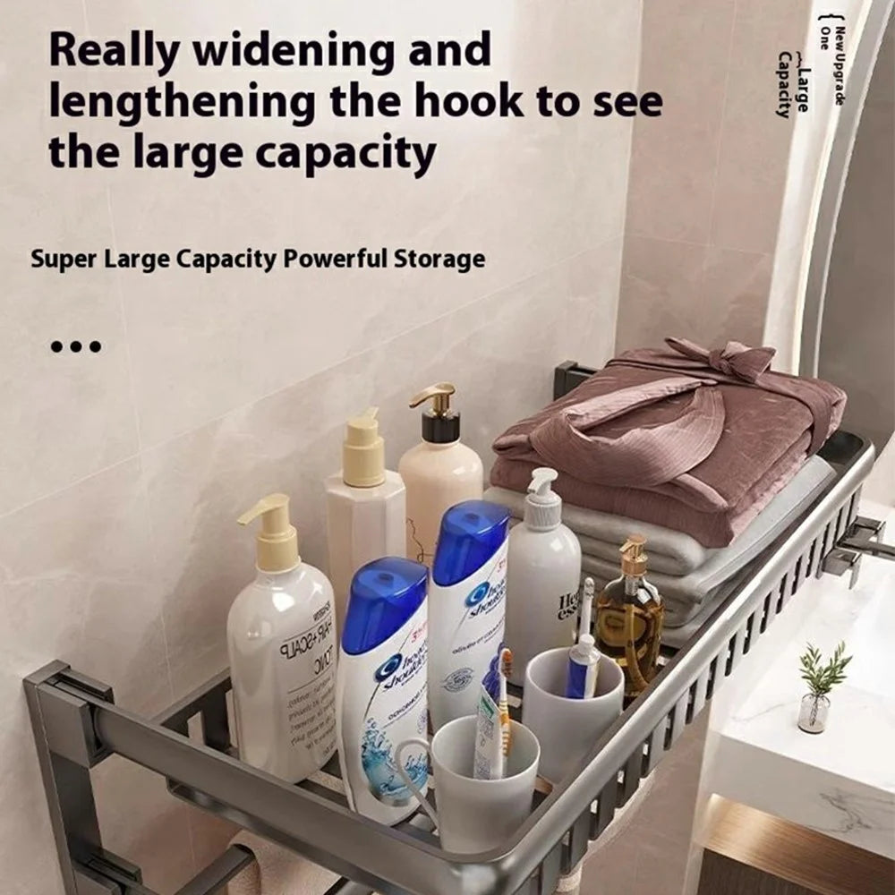 60cm Foldable Bathroom Towel Rack Aluminum Alloy Wall Mounted No Drilling Toiletries Towels Clothes Storage Shelf - 2