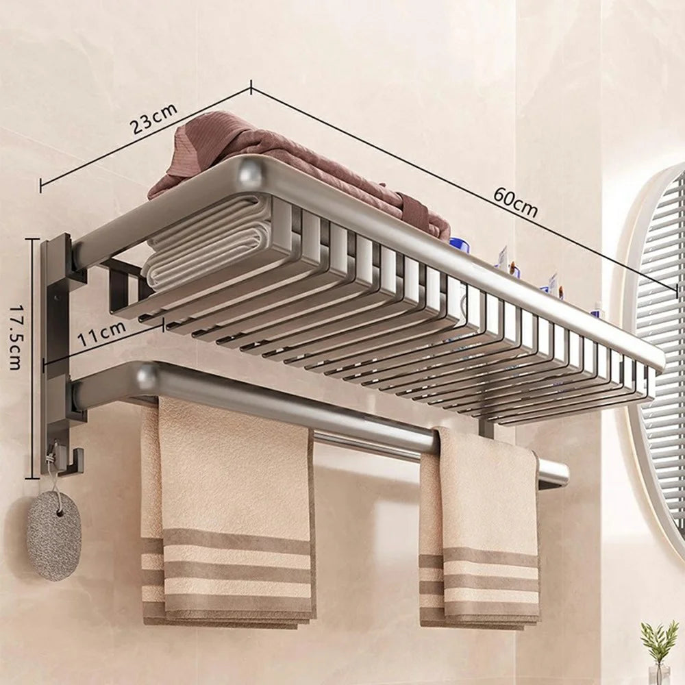 60cm Foldable Bathroom Towel Rack Aluminum Alloy Wall Mounted No Drilling Toiletries Towels Clothes Storage Shelf - 7