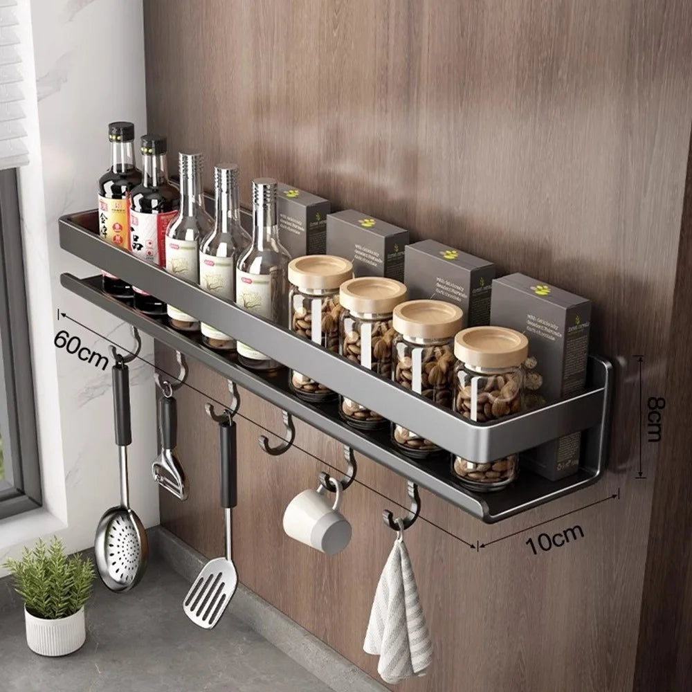 60cm Carbon Steel Kitchen Spice Storage Rack Wall Mounted No Drilling Seasoning Bottle Shelf with Hooks - 1
