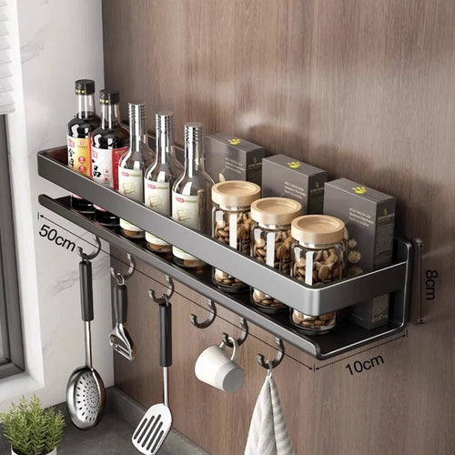 50cm Carbon Steel Kitchen Spice Storage Rack Wall Mounted No Drilling Seasoning Bottle Shelf with Hooks - 1