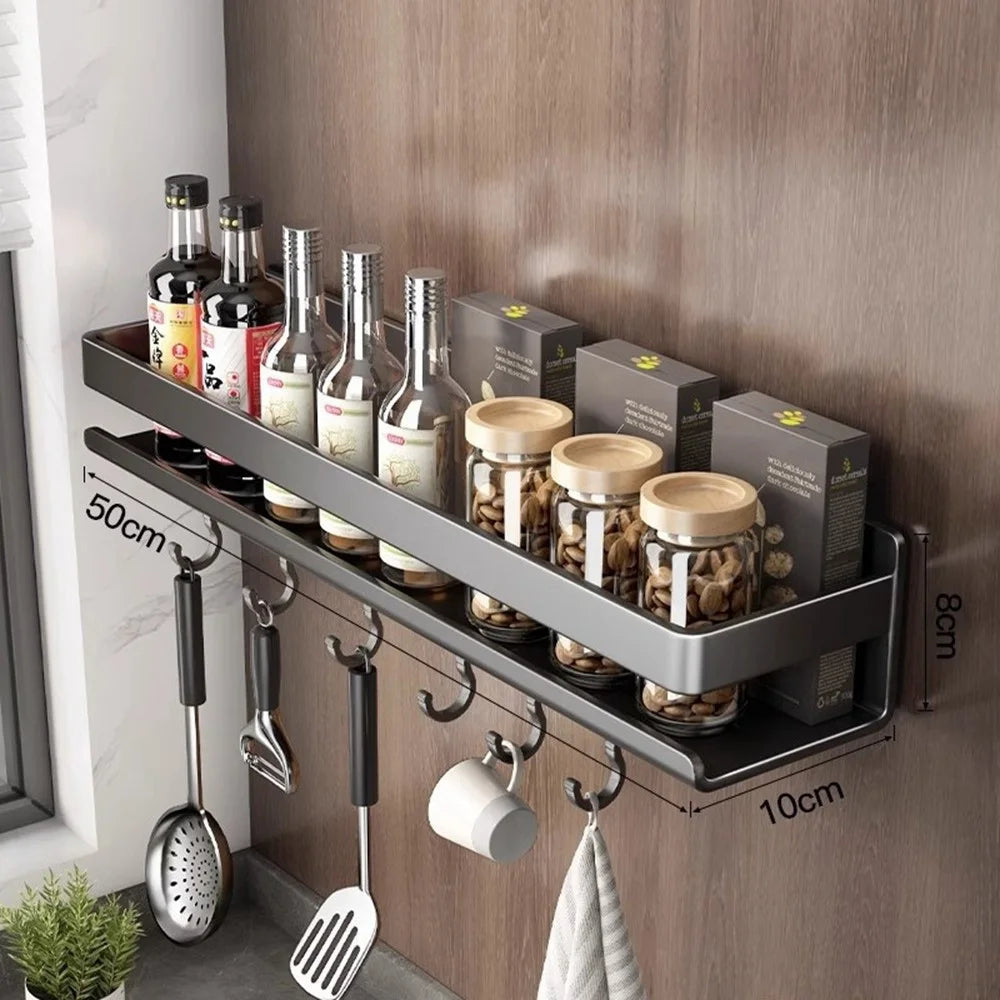 50cm Carbon Steel Kitchen Spice Storage Rack Wall Mounted No Drilling Seasoning Bottle Shelf with Hooks - 1