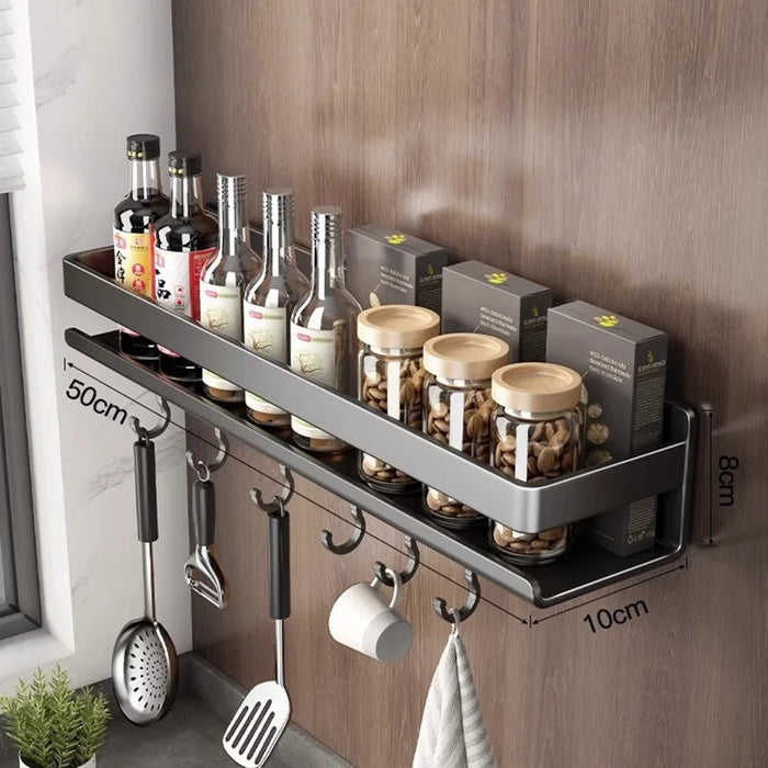 50cm Carbon Steel Kitchen Spice Storage Rack Wall Mounted No Drilling Seasoning Bottle Shelf with Hooks - 1