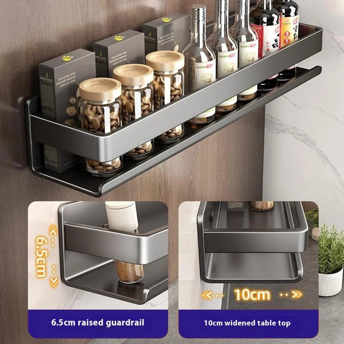 40cm Carbon Steel Kitchen Spice Storage Rack Wall Mounted No Drilling Seasoning Bottle Shelf with Hooks - 3