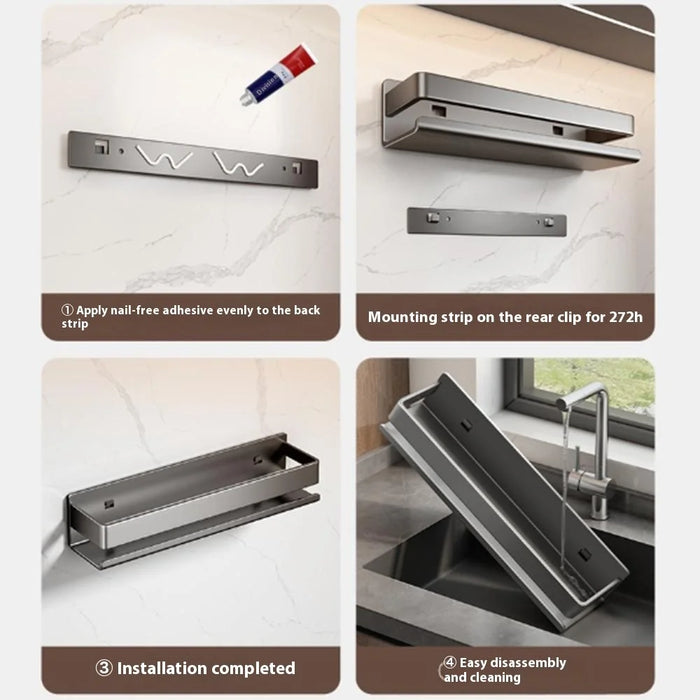 40cm Carbon Steel Kitchen Spice Storage Rack Wall Mounted No Drilling Seasoning Bottle Shelf with Hooks - 7
