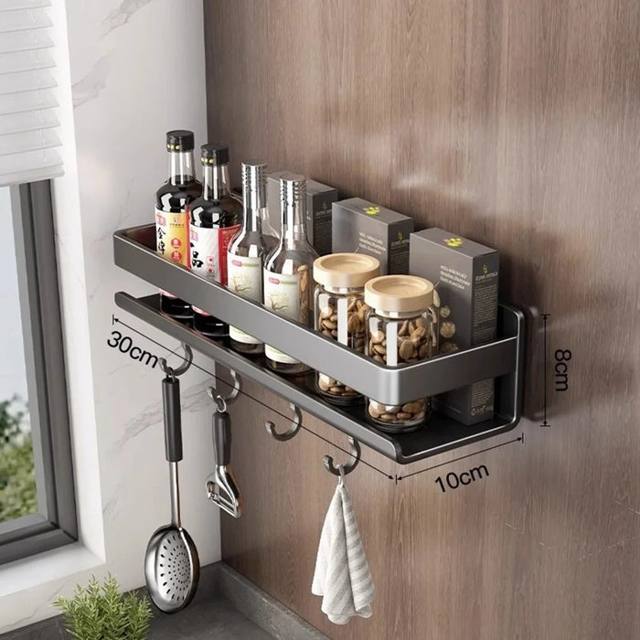 30cm Carbon Steel Kitchen Spice Storage Rack Wall Mounted No Drilling Seasoning Bottle Shelf with Hooks - 1