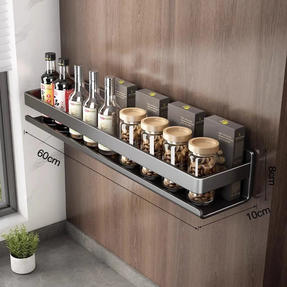 60cm Carbon Steel Kitchen Spice Rack Wall Mounted No Drilling Seasoning Bottle Storage Shelf - 1