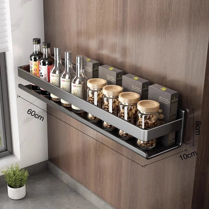 60cm Carbon Steel Kitchen Spice Rack Wall Mounted No Drilling Seasoning Bottle Storage Shelf - 1