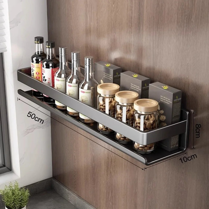 50cm Carbon Steel Kitchen Spice Rack Wall Mounted No Drilling Seasoning Bottle Storage Shelf - 1