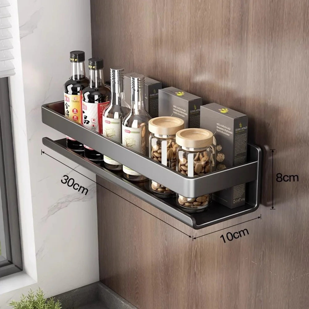30cm Carbon Steel Kitchen Spice Rack Wall Mounted No Drilling Seasoning Bottle Storage Shelf - 1