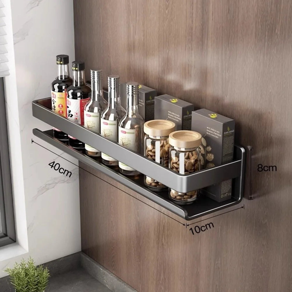 40cm Carbon Steel Kitchen Spice Rack Wall Mounted No Drilling Seasoning Bottle Storage Shelf - 1