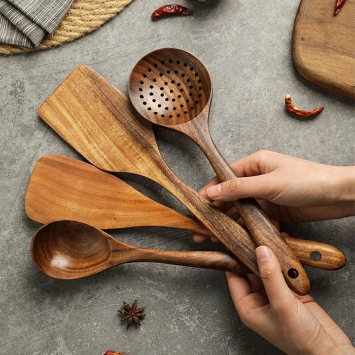 8Pcs / Set Wooden Kitchen Utensil Non-Stick Long Handle Spatula Spoon Cooking Tools (No FDA, BPA-Free) - 6