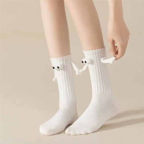 Thin Cotton Couple Socks Summer Magnetic Attraction Cute Holding Hands Mid Calf Socks - Three-Dimensional White - 1