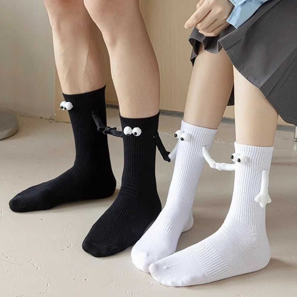 Thin Cotton Couple Socks Summer Magnetic Attraction Cute Holding Hands Mid Calf Socks - Three-Dimensional White - 5