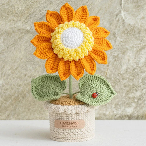 Handcrafted Yarn Sunflower Potted Plant Artificial Flower Decorative Ornament Gift - Tangerine Color - 1