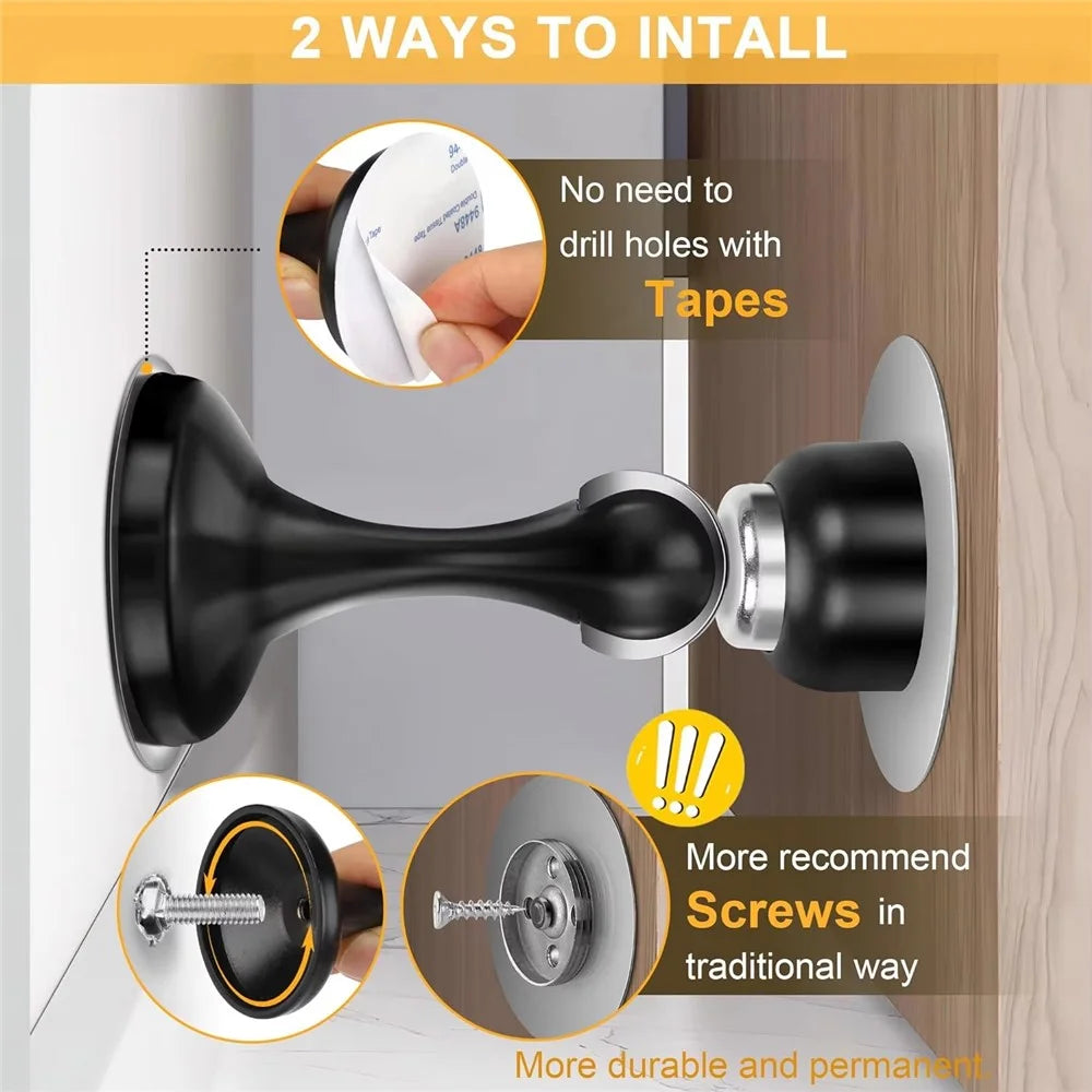 2Pcs Door Stopper Glass Wooden Doors Magnetic Stainless Steel Doorstop Shock Absorber - Black - 2