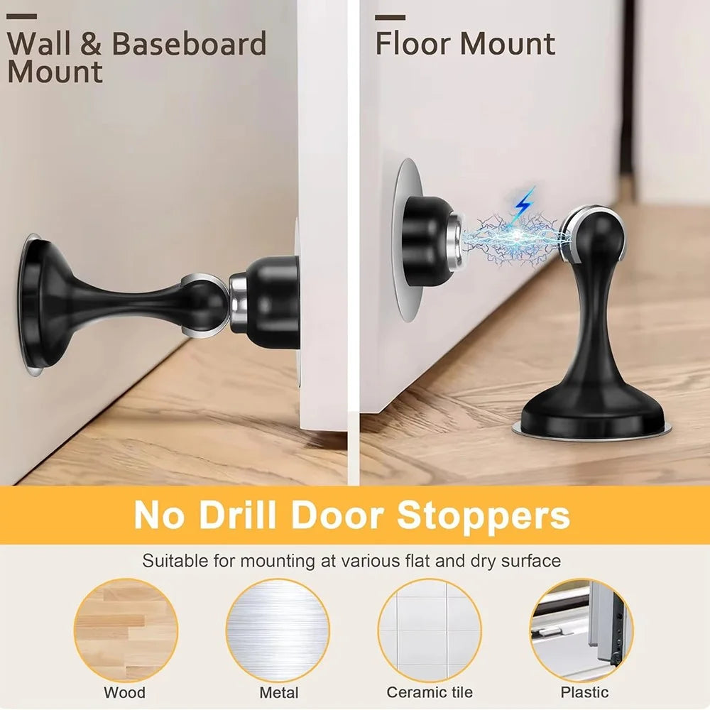 Door Stopper Glass Wooden Doors Magnetic Stainless Steel Doorstop Shock Absorber - Black - 3