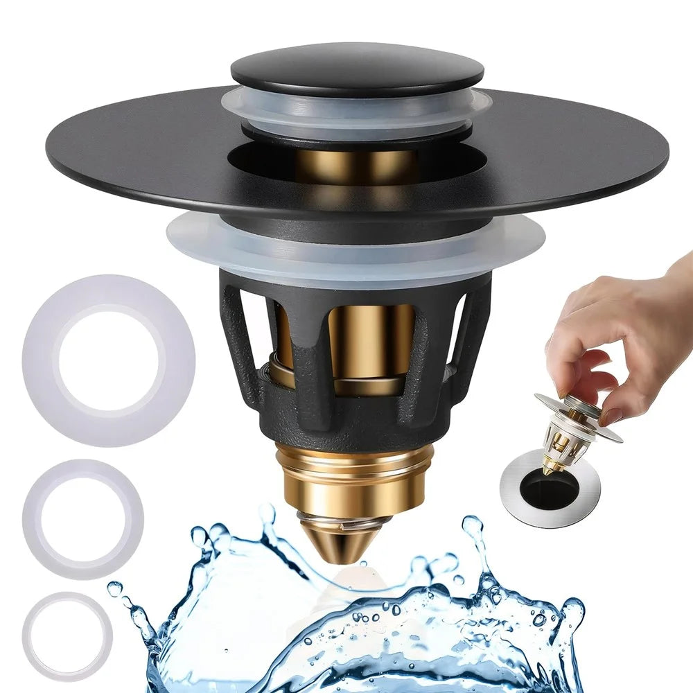 Sink Drain Stopper Bathroom Basin Universal Push Button Pop Up Plug Anti Clog Hair Catcher - Matte Black - 1