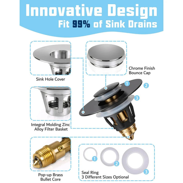 Sink Drain Stopper Bathroom Basin Universal Push Button Pop Up Plug Anti Clog Hair Catcher - Matte Black - 2