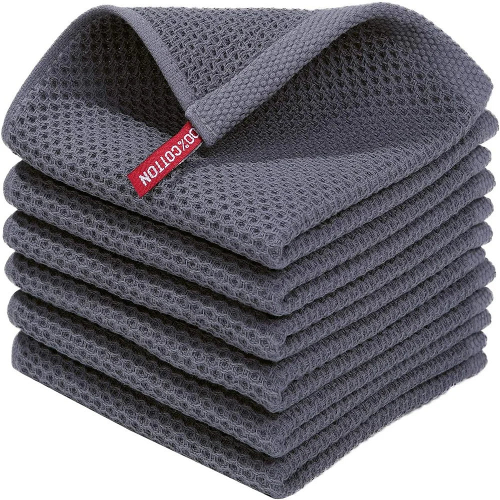 6Pcs 34x34cm Cotton Waffle Weave Kitchen Dish Towels Quick Cleaning Fast Absorbing Rag with Hanging Loop - Dark Grey - 1