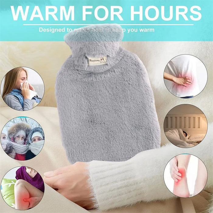 1000ML Refillable Hot Water Bag with Removeable Plush Cover Winter Hand Feet Warmer Water Bottle - Light Grey - 2