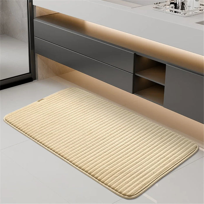 2Pcs / Set Striped Solid Color Bathroom Absorbent Mat Non Slip Flannel Doormat for Entrance, 40x60cm + 50x80cm - Beige - 2