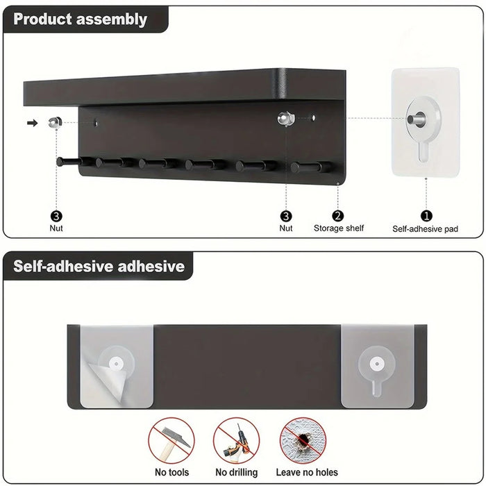 No Drill Key Organizer Rack Plastic Kitchen Bathroom Home Storage Shelf Door Back Hook Small Item Holder - Black - 3