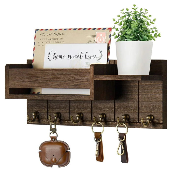 Wooden Wall Mounted Mail Storage Rack Key Holder Bedroom Study Room Hallway Entryway Shelf - Brown - 1