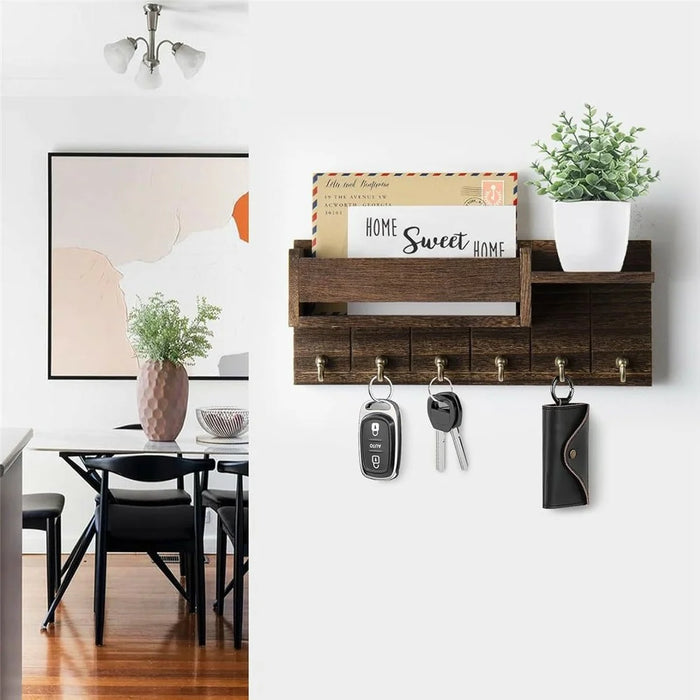 Wooden Wall Mounted Mail Storage Rack Key Holder Bedroom Study Room Hallway Entryway Shelf - Brown - 2