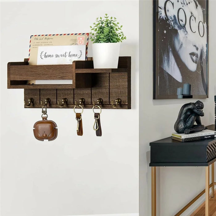Wooden Wall Mounted Mail Storage Rack Key Holder Bedroom Study Room Hallway Entryway Shelf - Brown - 3