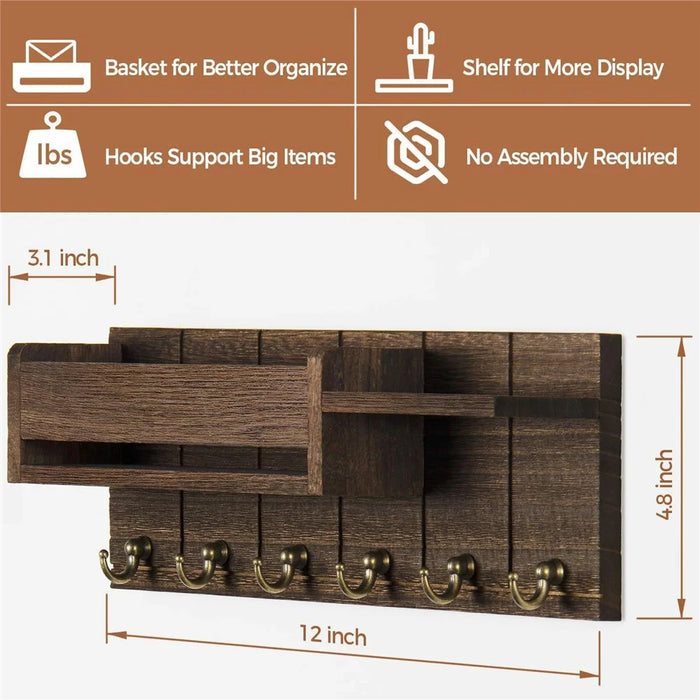 Wooden Wall Mounted Mail Storage Rack Key Holder Bedroom Study Room Hallway Entryway Shelf - Brown - 5