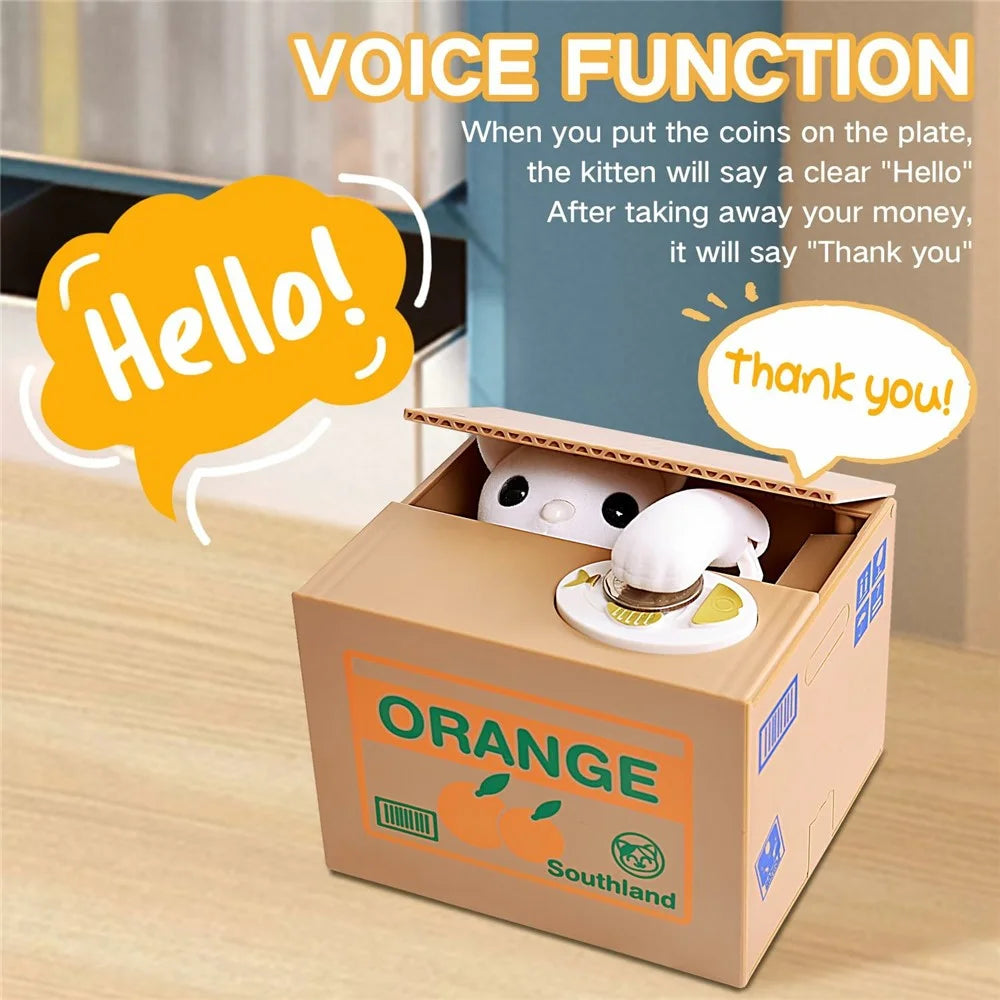 Cartoon Money Eating Cat Piggy Bank Electronic Coin Savings Box Interactive Voice Children Toy - Orange / White Cat - 2