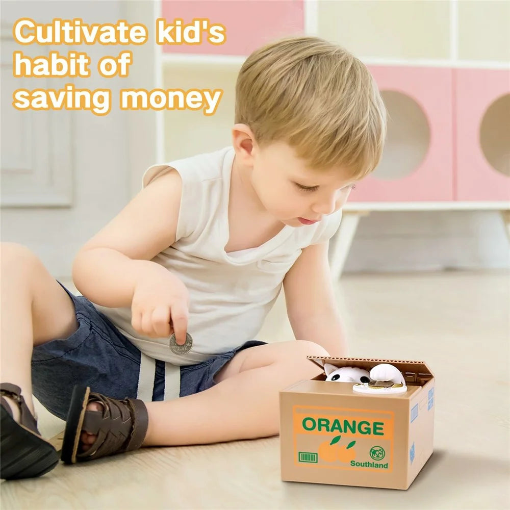 Cartoon Money Eating Cat Piggy Bank Electronic Coin Savings Box Interactive Voice Children Toy - Orange / White Cat - 3