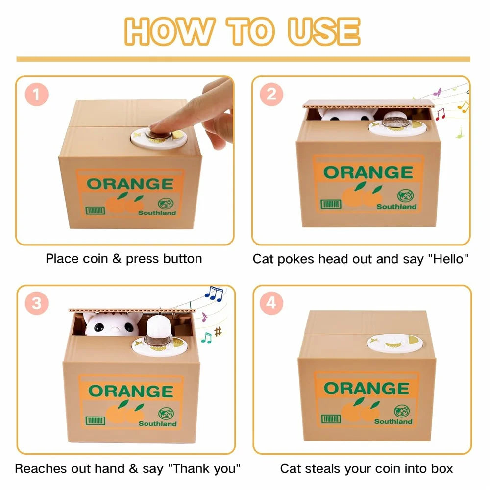 Cartoon Money Eating Cat Piggy Bank Electronic Coin Savings Box Interactive Voice Children Toy - Orange / White Cat - 4