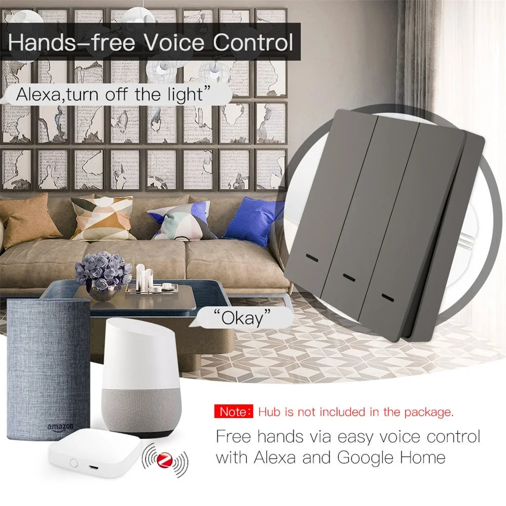 ZigBee Smart Light Switch EU Version Wireless Smart Tuya APP Voice Remote Control Switch Button Timing Funtion Wall Panel for Amazon Alexa Google Home - 3 Gang / Grey - 3