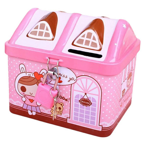 Creative House Shaped Tinplate Piggy Bank Metal Ornament Cartoon Coin Bank Children Toy - Pink - 1