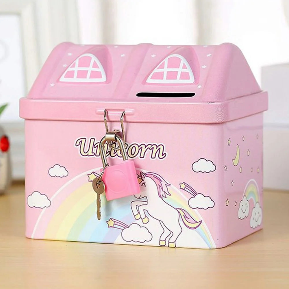 Creative House Shaped Tinplate Piggy Bank Metal Ornament Cartoon Coin Bank Children Toy - Pink - 2