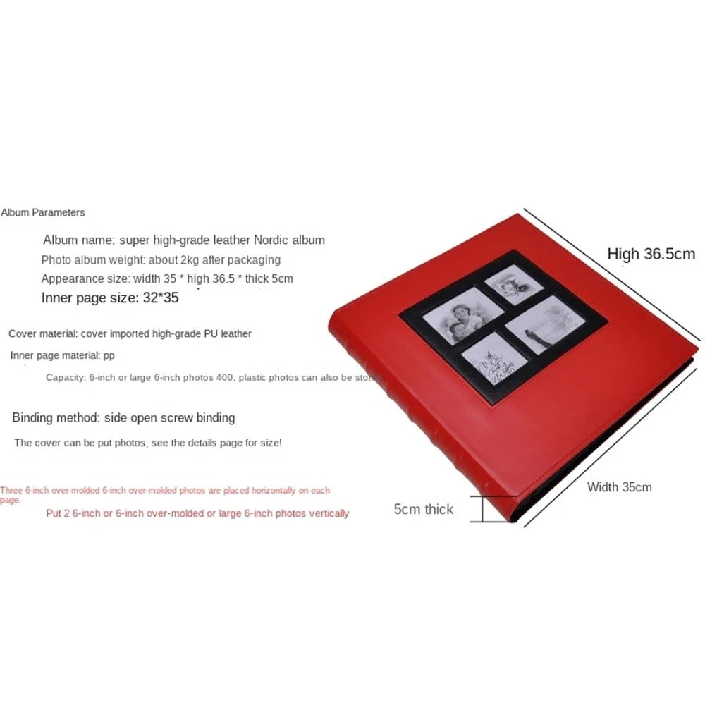 PU Leather Cover Photo Album 6 Inch Photos 500 Capacity Inserts Storage Book - Plain Texture / Black - 7