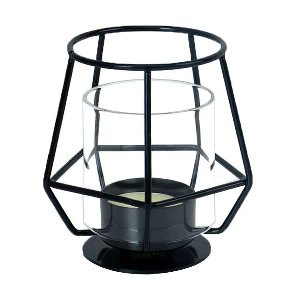 Modern Metal Candle Holder with Glass Cover Table Small Ornament Romantic Candle Cup - Black - 1