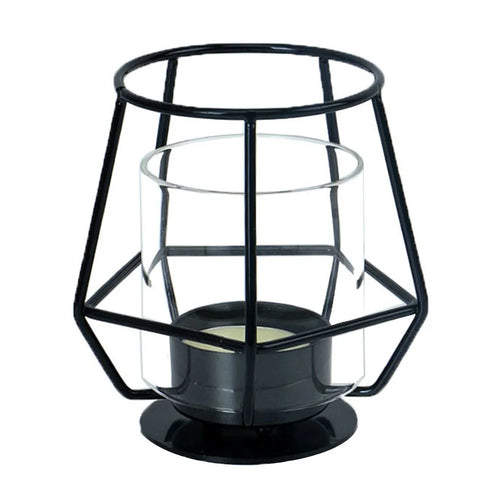 Modern Metal Candle Holder with Glass Cover Table Small Ornament Romantic Candle Cup - Black - 1
