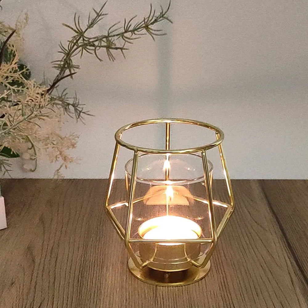 Modern Metal Candle Holder with Glass Cover Table Small Ornament Romantic Candle Cup - Black - 2