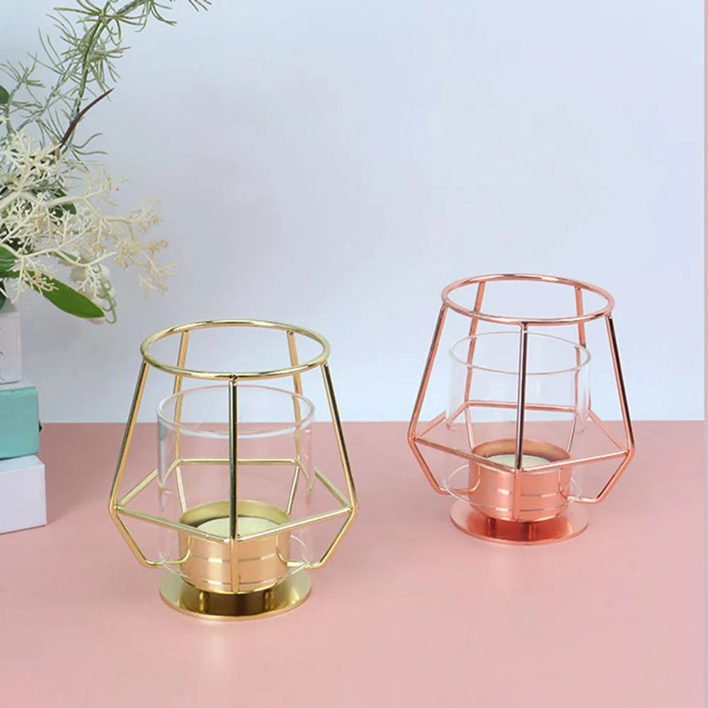 Modern Metal Candle Holder with Glass Cover Table Small Ornament Romantic Candle Cup - Black - 3