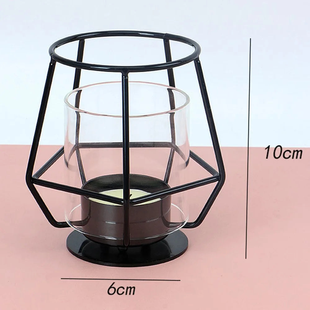 Modern Metal Candle Holder with Glass Cover Table Small Ornament Romantic Candle Cup - Black - 6